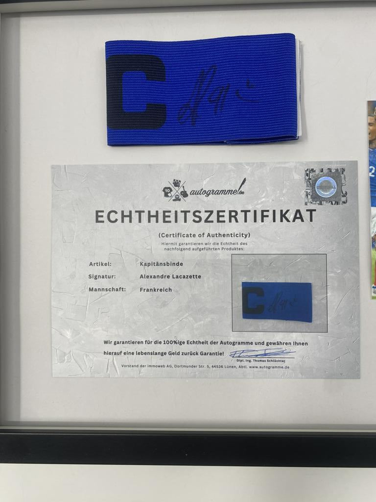 Kapitänsbinde Alexander Lacazette signiert im Rahmen Frankreich COA Autogramm