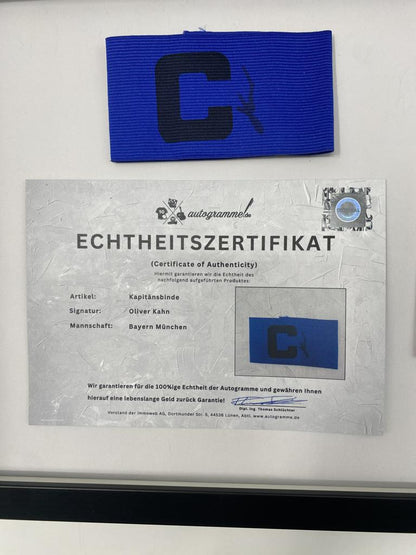 Captain's armband signed by Oliver Kahn in a Bayern Munich autograph COA frame