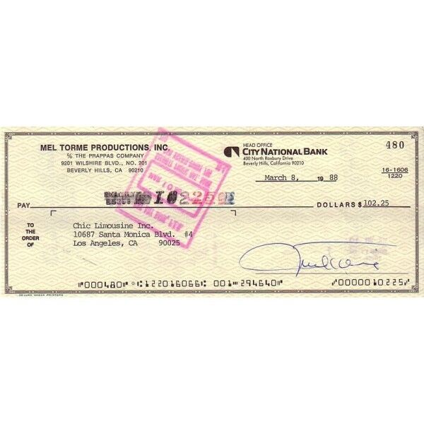 Check, originally signed by Mel Torme autograph, singer jazz, collect signature