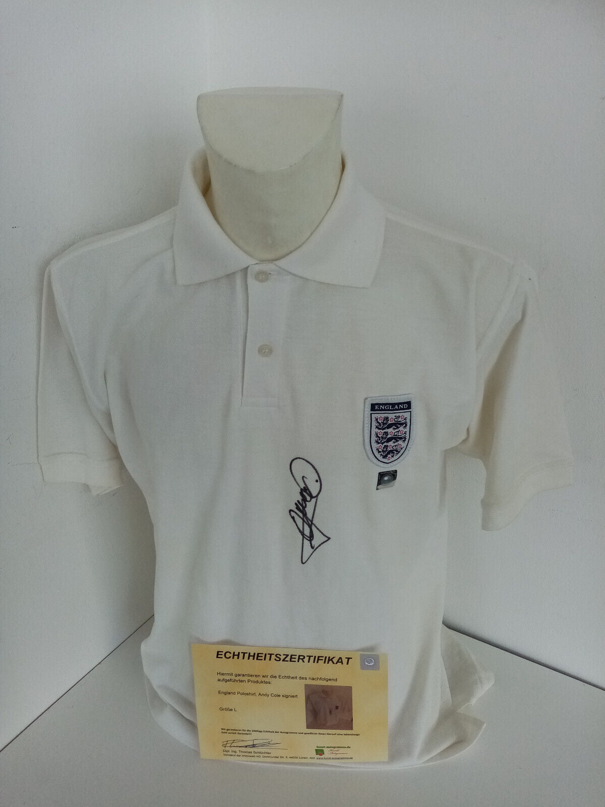 England Polo Shirt Andy Cole Signed Autograph Football Three Lions COA Jersey L