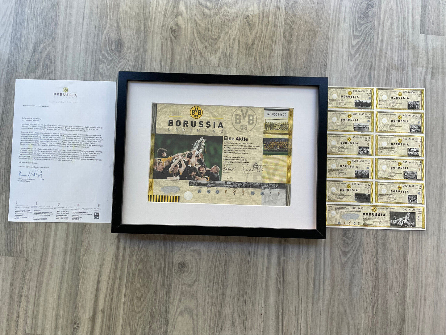 Original BvB Borussia Dortmund Schmuck Aktie gerahmt