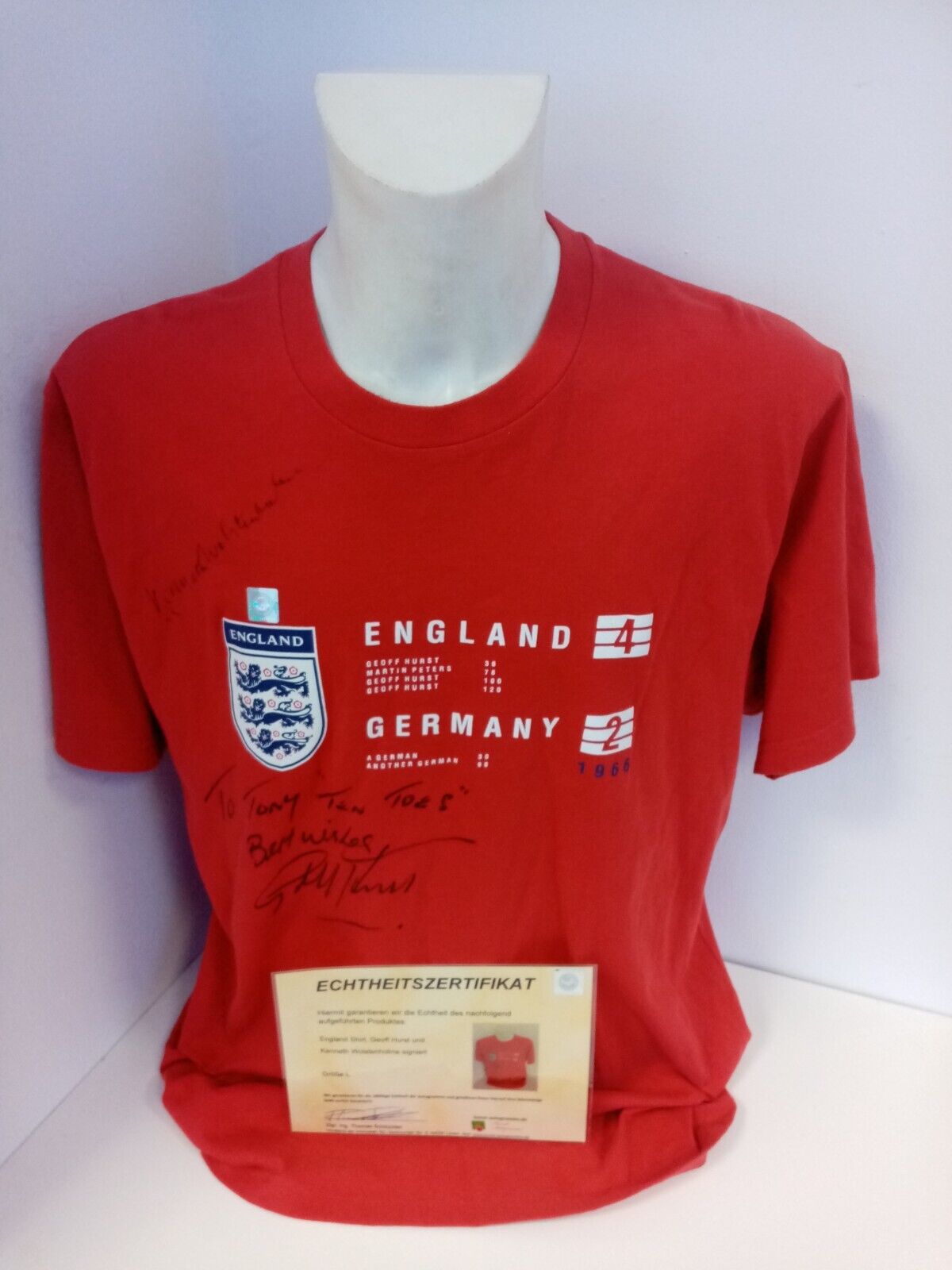 England Shirt World Cup 1966 Geoff Hurst + Kenneth Wolstenholme signed Wembley COA L