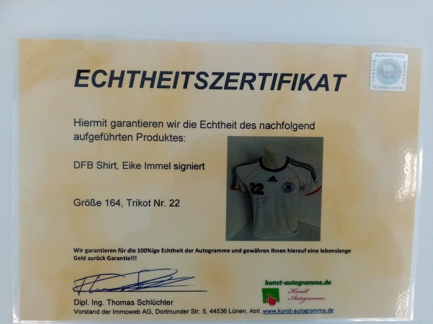 Germany Shirt Eike Immel signed DFB signature jersey Adidas COA 164