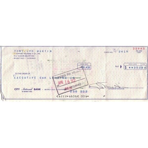 Check, originally signed by Tony Martin, singer, film, television, autograph